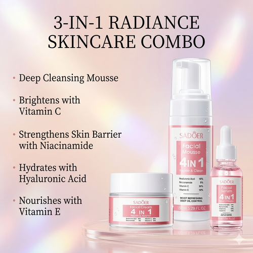 4-IN-1 Radiance Skincare Combo – Niacinamide, Vitamin C, Vitamin E & Hyaluronic Acid for Glowing Skin.