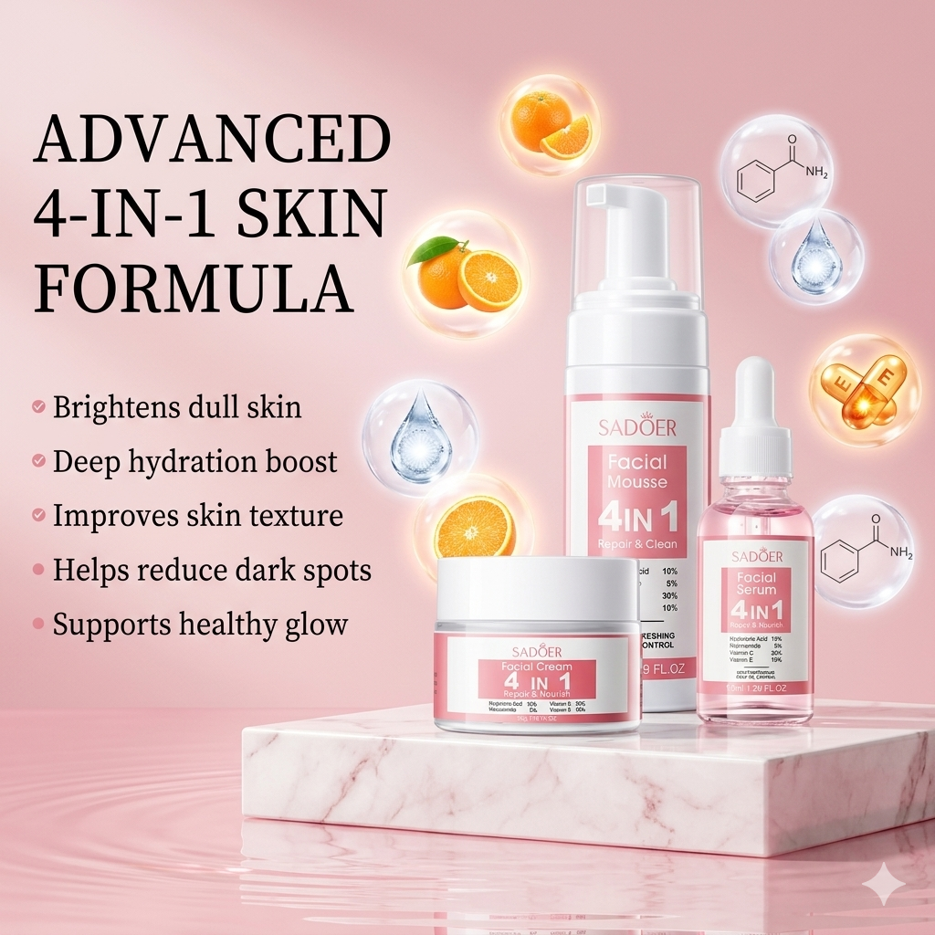 4-IN-1 Radiance Skincare Combo – Niacinamide, Vitamin C, Vitamin E & Hyaluronic Acid for Glowing Skin.