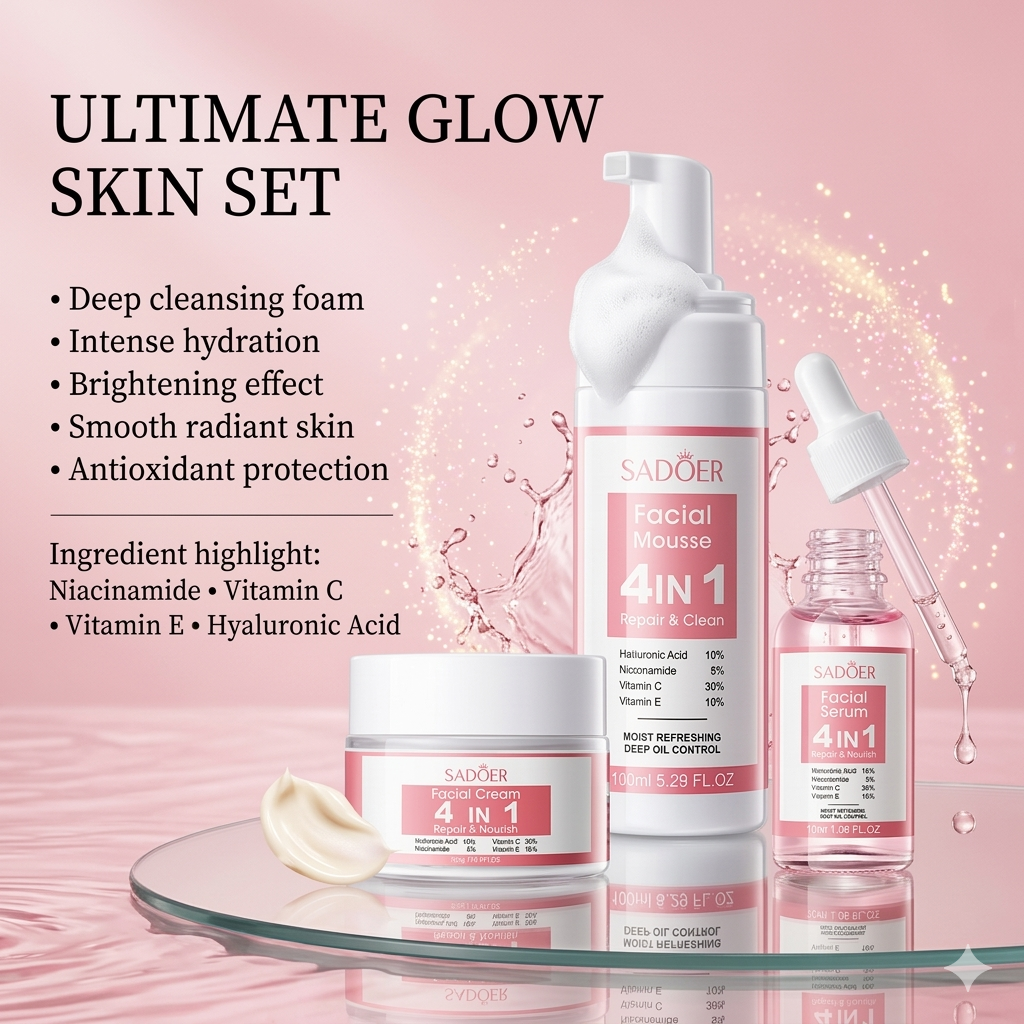 4-IN-1 Radiance Skincare Combo – Niacinamide, Vitamin C, Vitamin E & Hyaluronic Acid for Glowing Skin.
