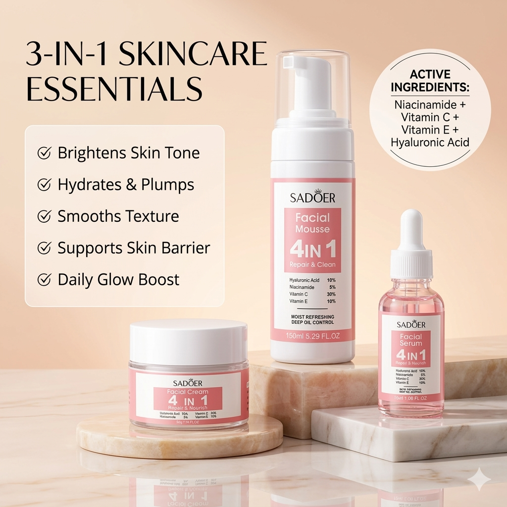 4-IN-1 Radiance Skincare Combo – Niacinamide, Vitamin C, Vitamin E & Hyaluronic Acid for Glowing Skin.