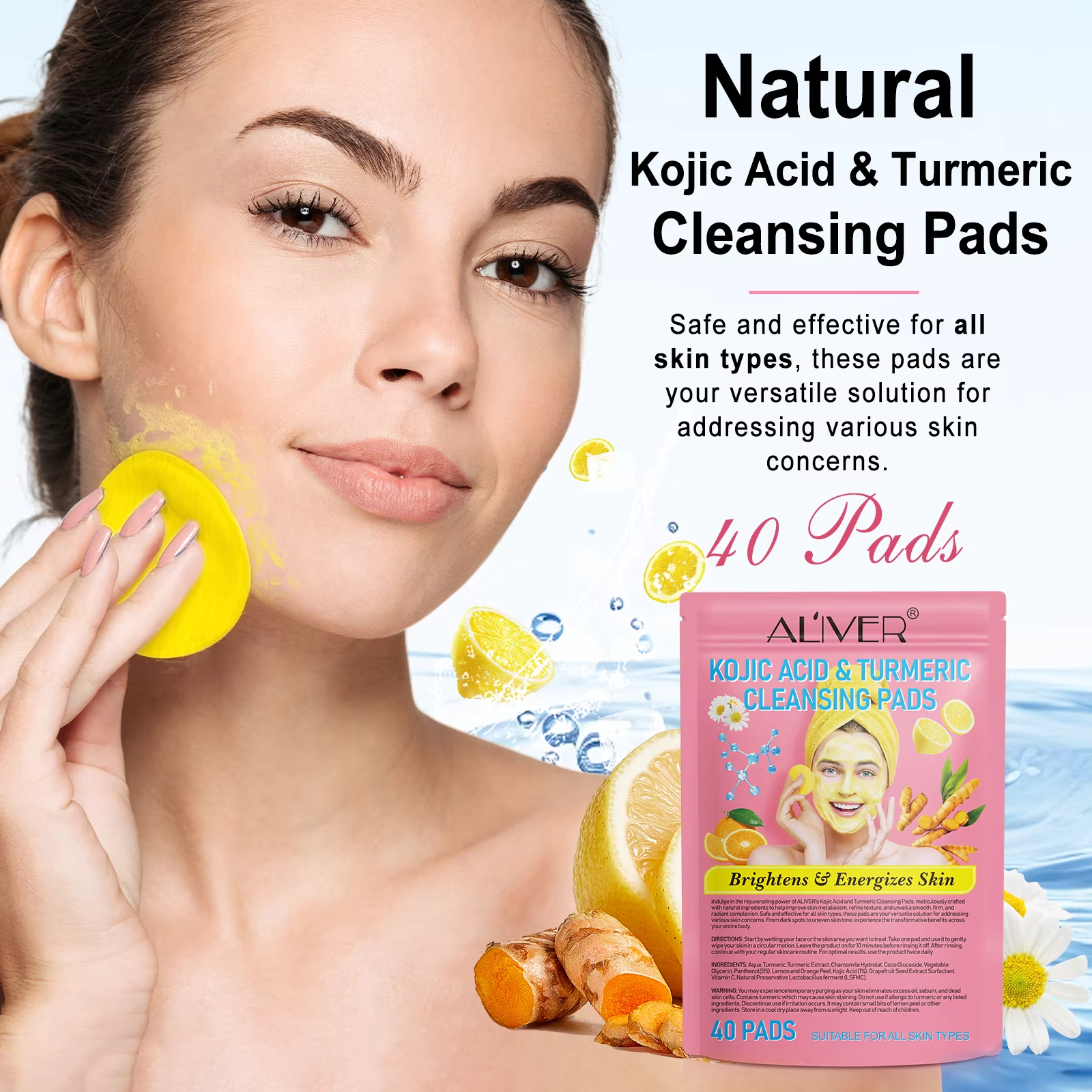 40pc Aliver  Kojic Acid Turmeric Natural Skin Brightening Cleansing Pads